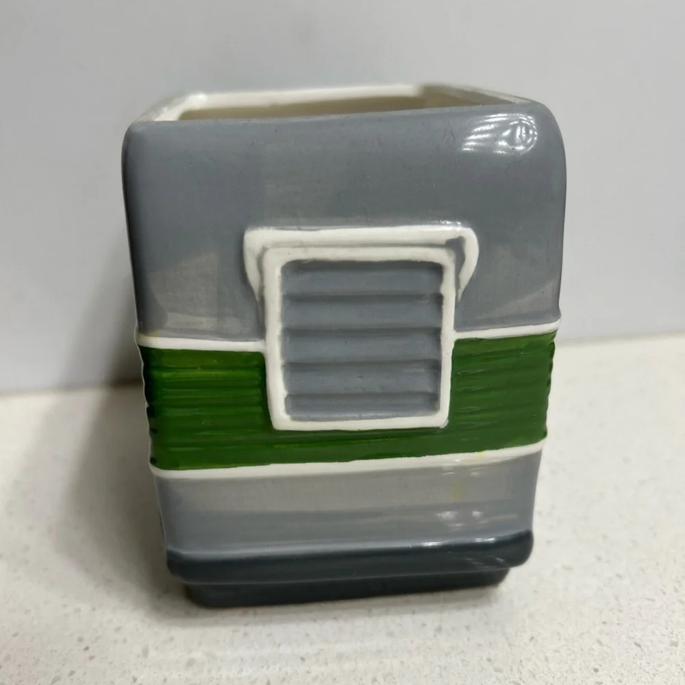 Happy Camper Gray and Blue Mug Planter